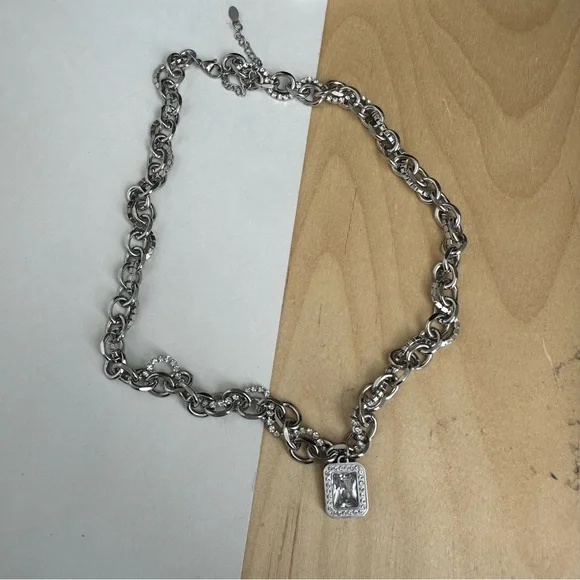 Stainless Steel Crystal Chunky Charm Pendant Necklace Paperclip Chain - Picture 7 of 9